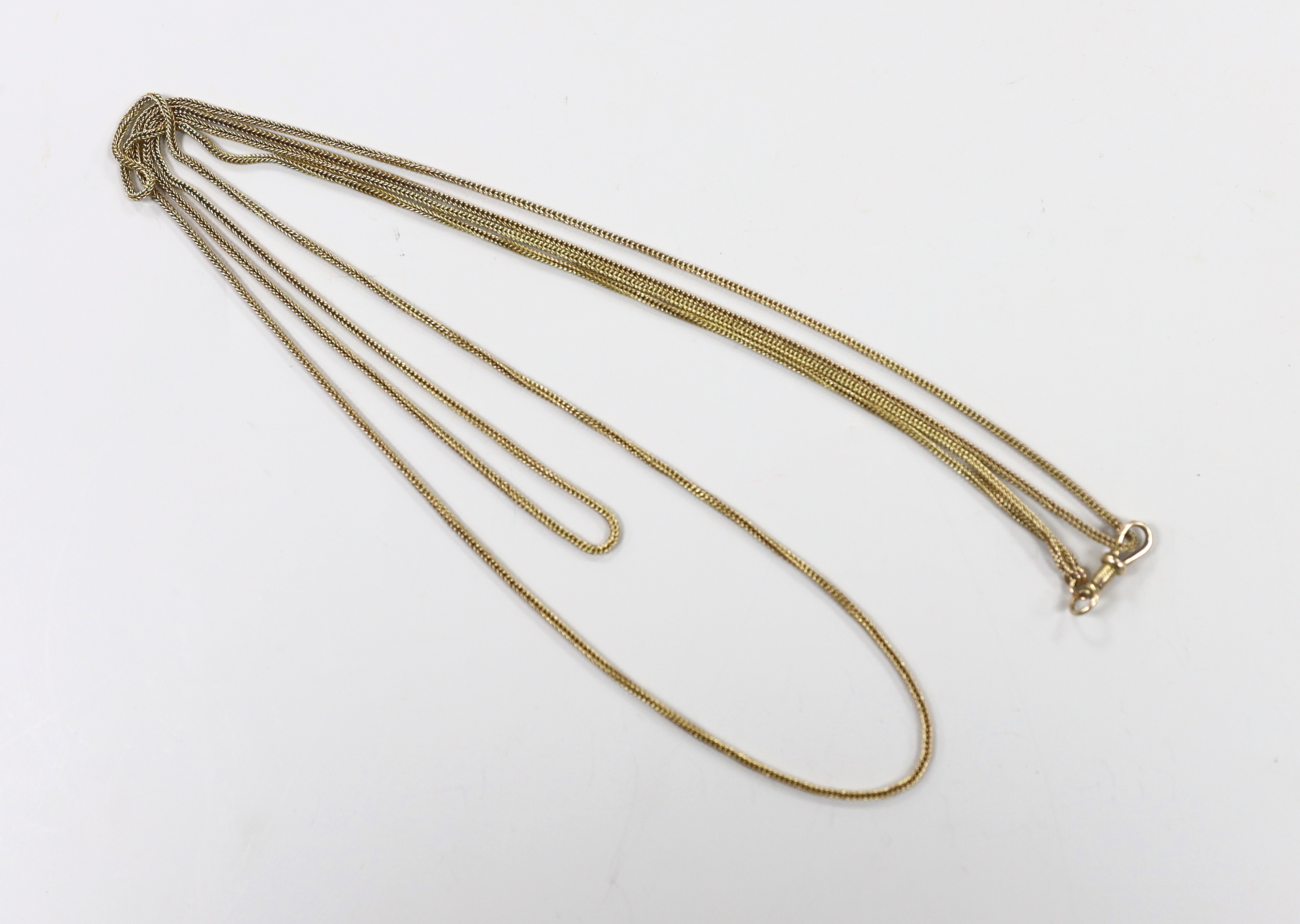 A 19th century yellow metal twin strand guard chain, 80cm, 16.8 grams.